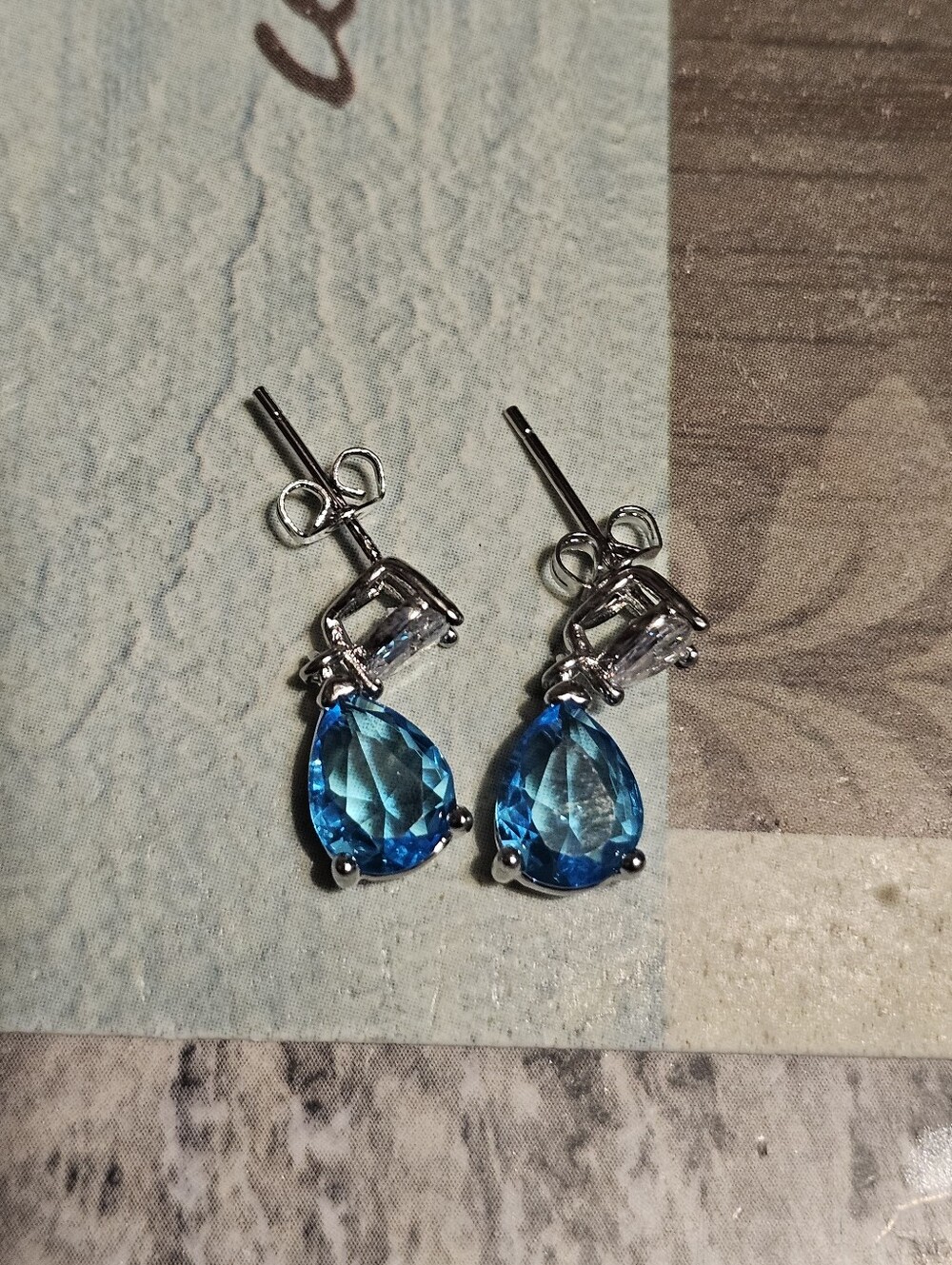 Sterling Silver Plated Blue CZ Dangle Drop Heart Earrings